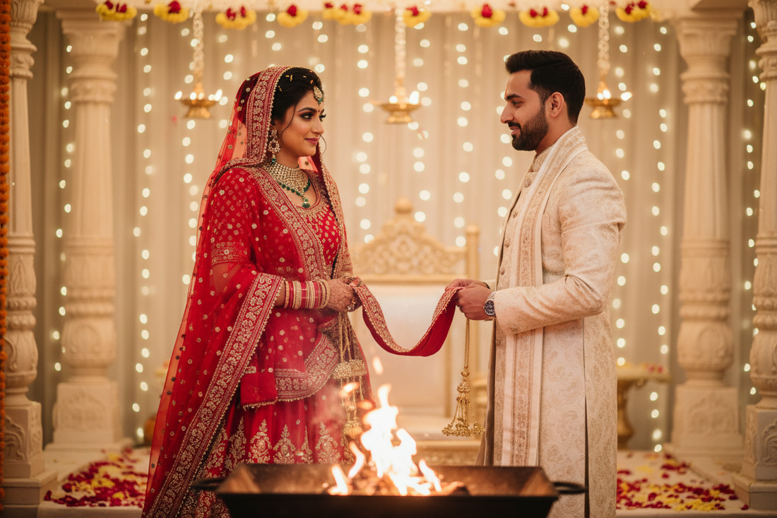 Indian bride and groom in the sacred gath bandhan moment — the bride's embroidered red dupatta binding their lives together at the wedding ceremony