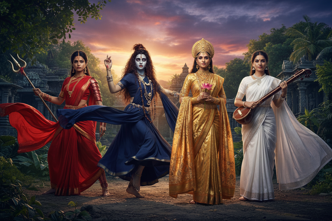 "Four modern Indian women embodying the four goddess archetypes — Durga in red, Kali in dark blue, Lakshmi in gold, Saraswati in white — the divine feminine power that lives in every Indian woman"