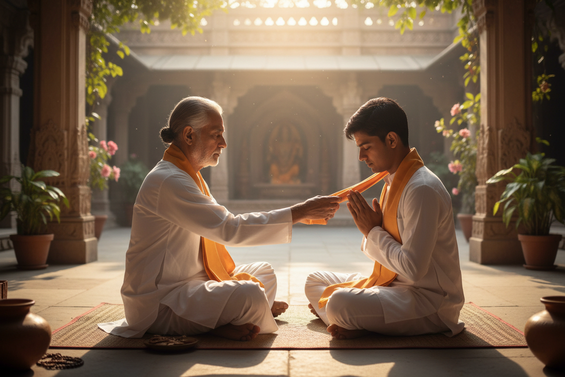 A student reverently draping a saffron stole over a guru's shoulders in an ashram courtyard — the most sacred gifting tradition in Indian culture