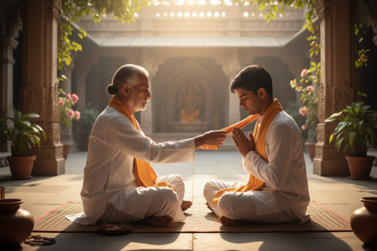 A student reverently draping a saffron stole over a guru's shoulders in an ashram courtyard — the most sacred gifting tradition in Indian culture