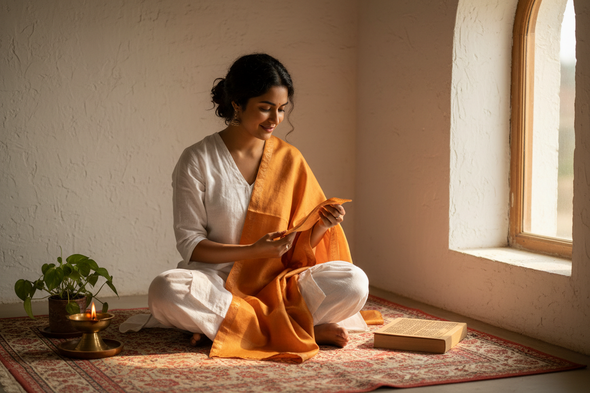 Young Indian woman examining a premium saffron silk stole with admiration — Gen Z choosing sacred handmade over fast fashion