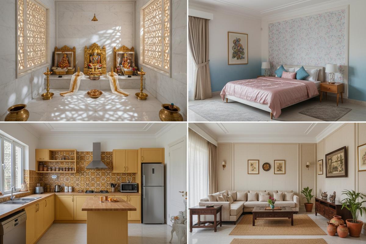 Modern Indian home rooms in Vastu-aligned colours — white pink yellow earthy tones