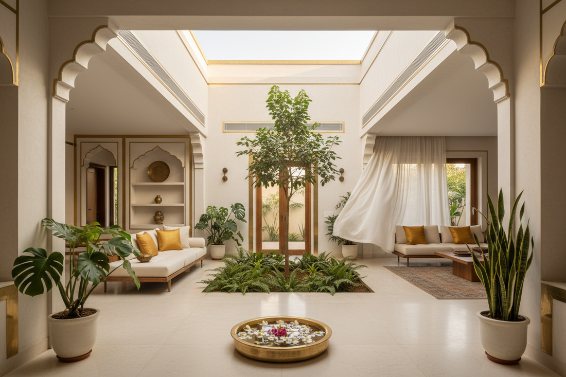 Modern Indian home with Vastu-aligned open courtyard and morning sunlight