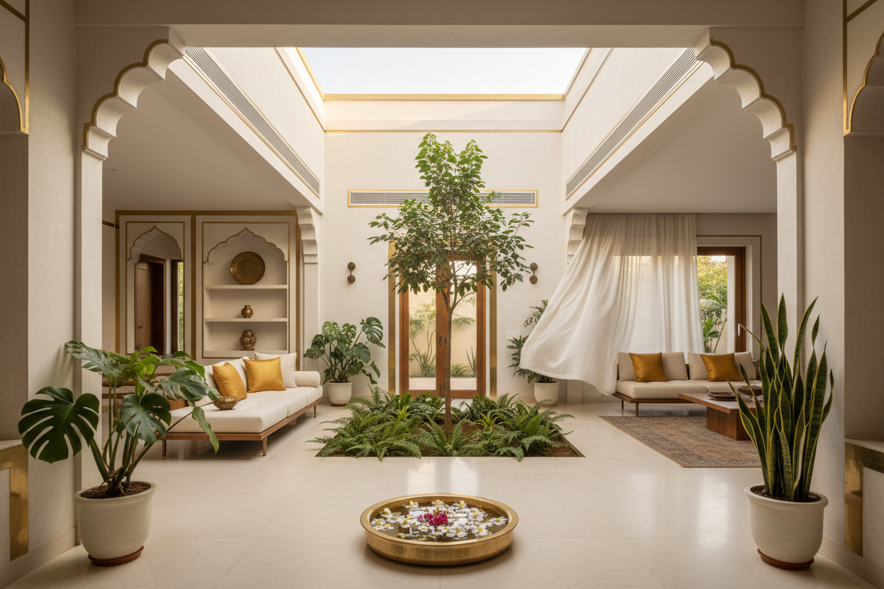 Modern Indian home with Vastu-aligned open courtyard and morning sunlight