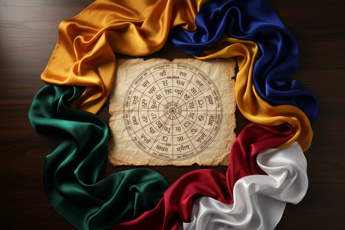 Vedic birth chart surrounded by planetary colour silk swatches on wood