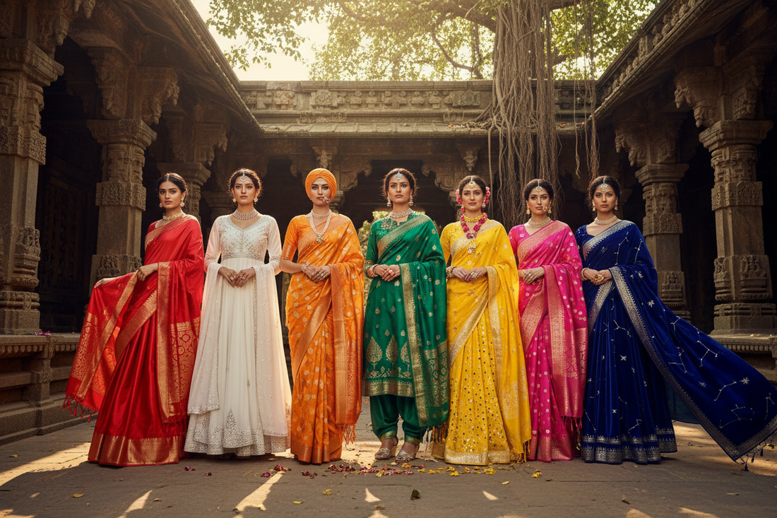 Seven Indian women each dressed in the sacred colour of a different day of the week — the complete Vedic colour guide for daily dressing with cosmic intention