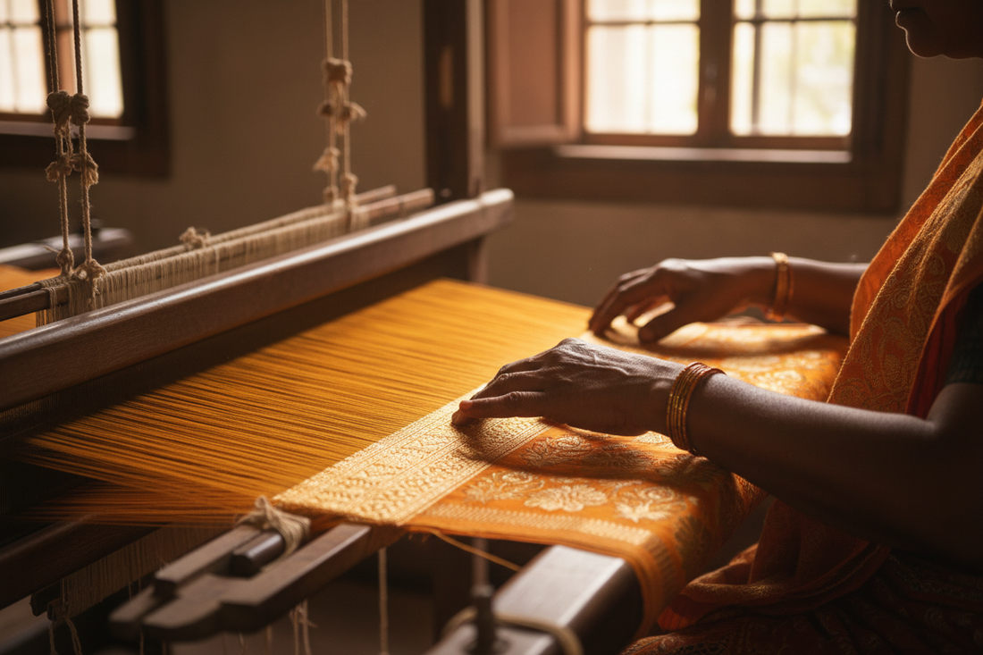 Weaver’s hands on a traditional Indian handloom — Secrets of the Sacred Vol. 27 by Divya India