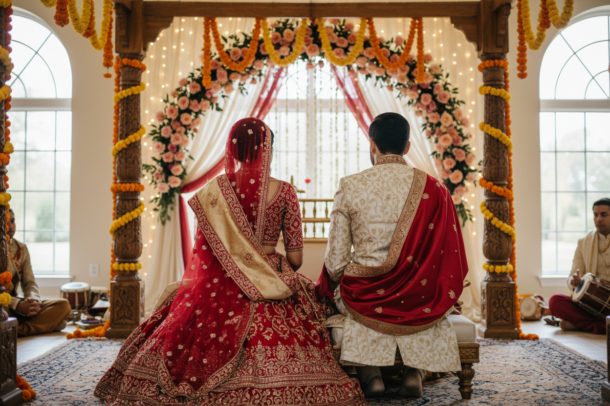 Bride and groom wearing premium silk wedding stoles at Indian ceremony