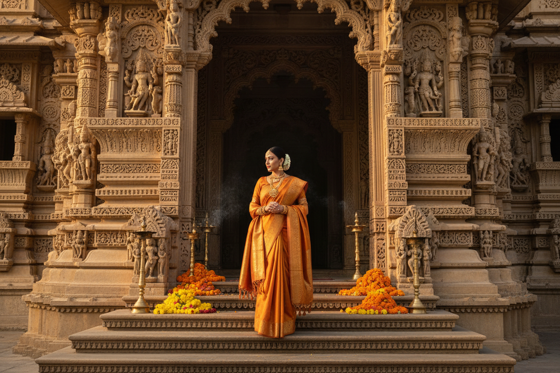 Elegantly dressed Indian woman in saffron silk saree and stole at a grand Hindu temple entrance — the complete guide to temple dress code in India
