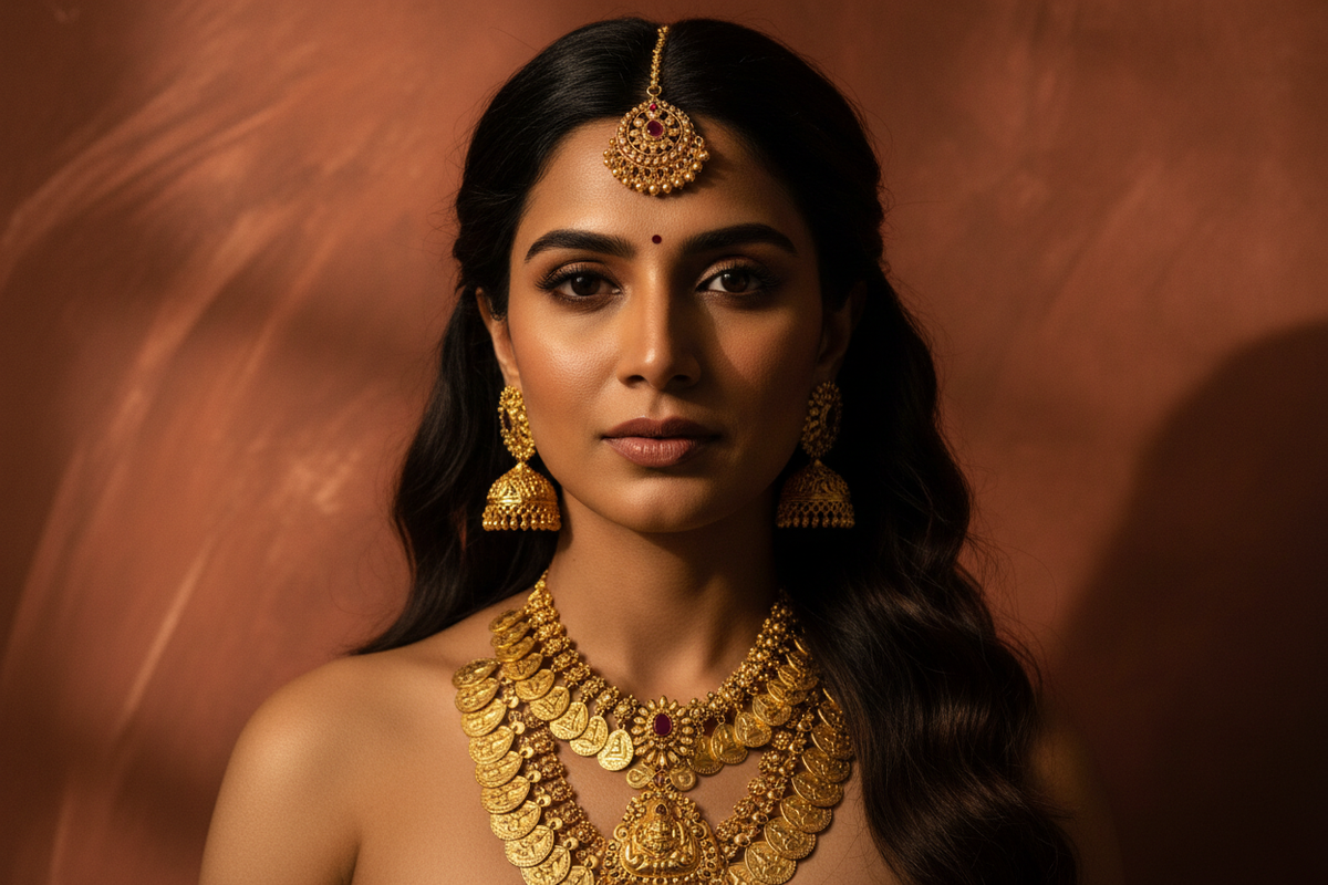 Modern Indian woman wearing layered temple jewellery — gold jhumkas, maang tikka and temple coin necklace — the Indian way of reading a person's personality