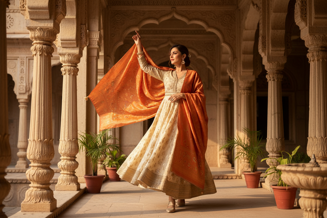 A confident Indian woman gracefully draping a saffron silk stole in a sunlit haveli courtyard — the sacred art of draping across Indian cultures