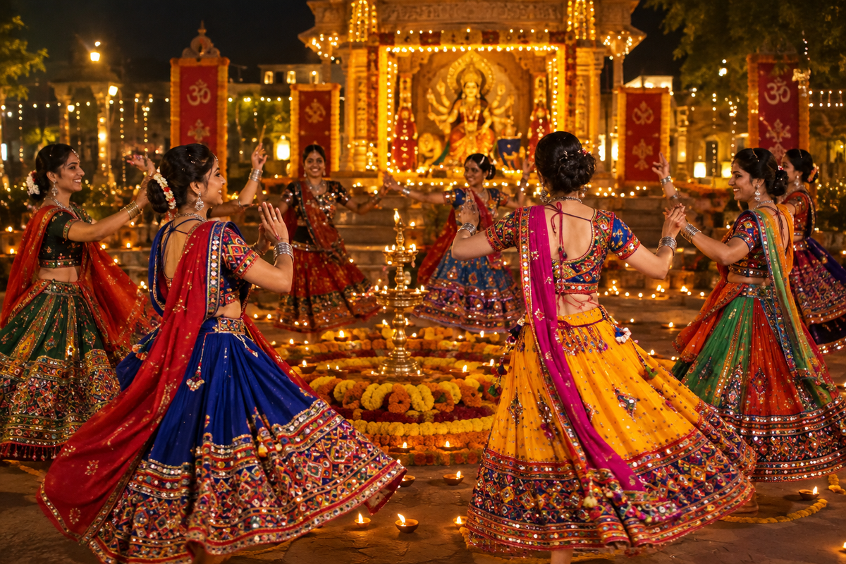 Women in colorful chaniya choli performing sacred Garba dance at Navratri festival