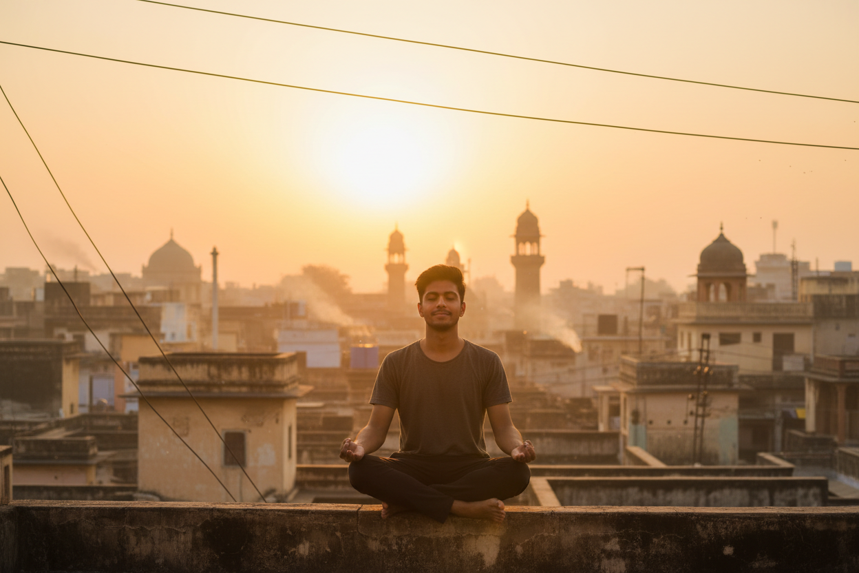 Young Indian man meditating at sunrise — Secrets of the Sacred Vol. 26 by Divya India