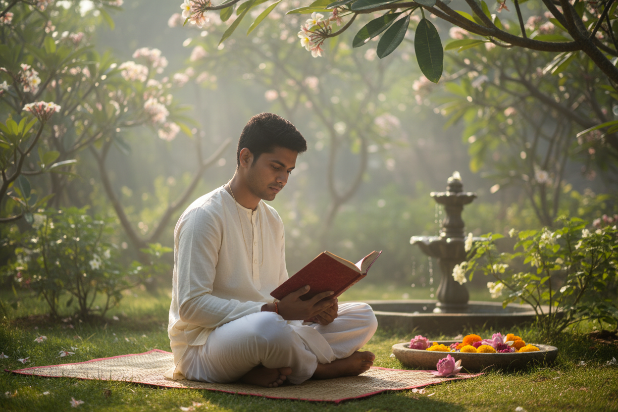 Young Indian person reading the Bhagavad Gita in a garden — Secrets of the Sacred Vol. 30 by Divya India