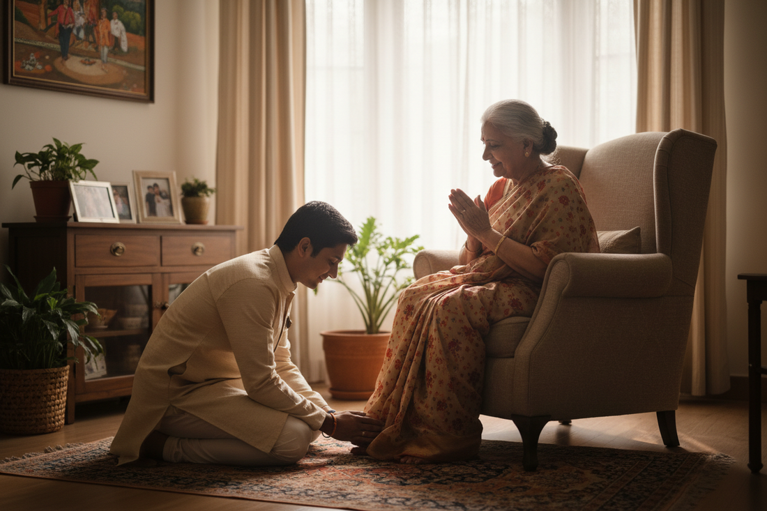 Young Indian person touching feet of elderly grandparent — Secrets of the Sacred Vol. 29 by Divya India
