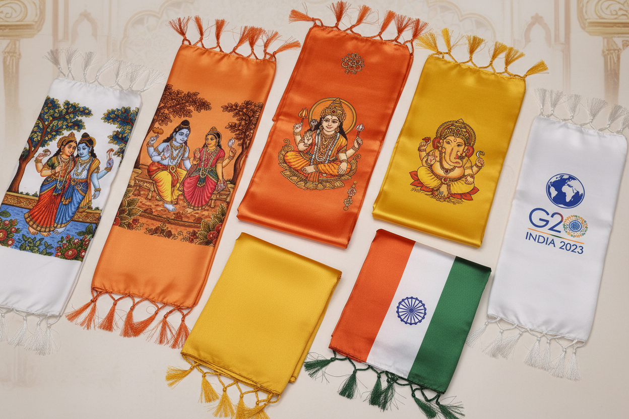 Divya India complete collection of premium satin silk stoles — religious, patriotic, plain, customised and occasion stoles with fringed edges — Divya India