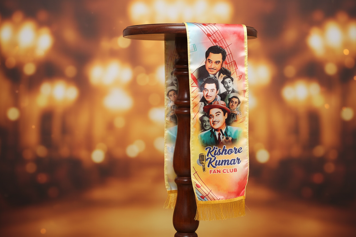 Divya India premium satin silk celebrity fan club stole with Kishore Kumar tribute print — Divya India