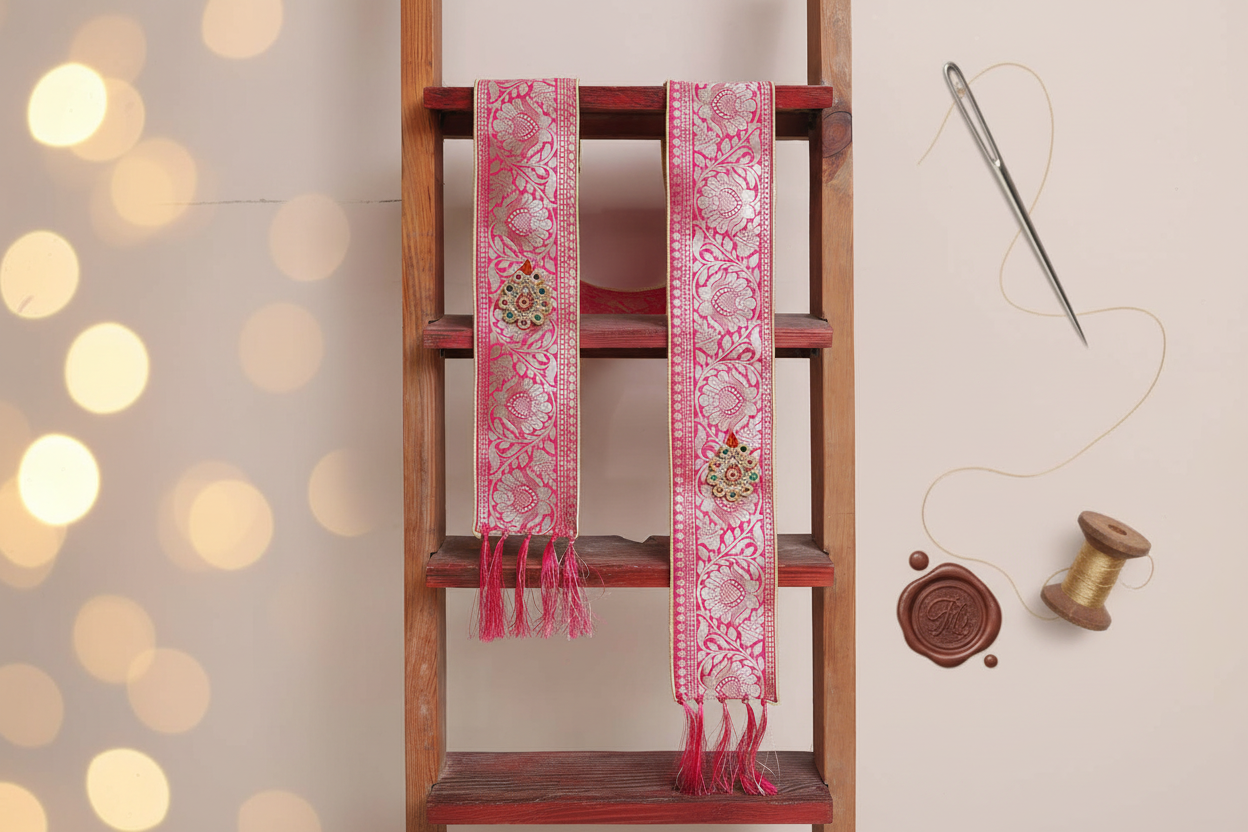 Divya India premium customised satin silk stole in Pink Banarasi Silk design — personalised for every occasion — Divya India