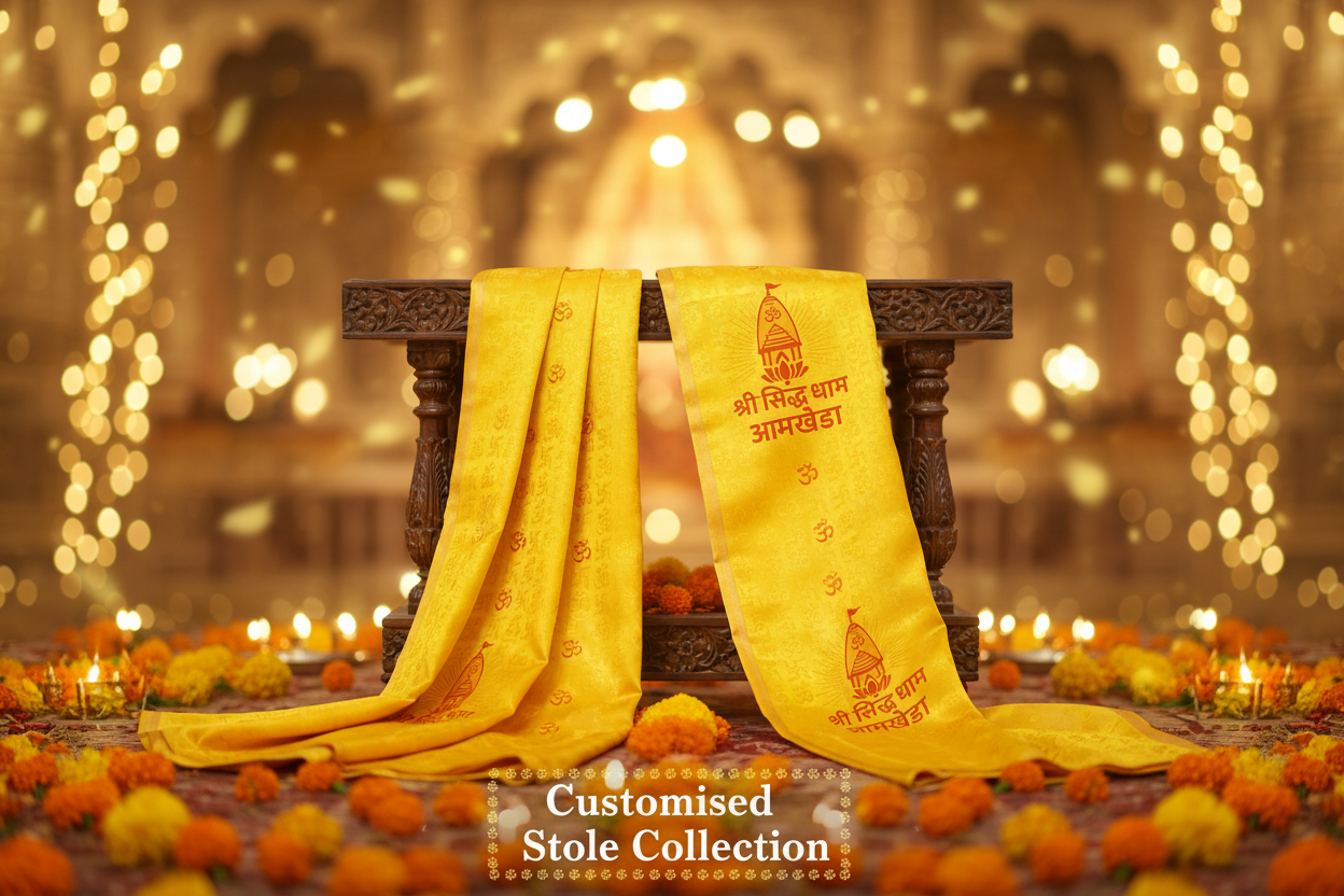 Divya India premium customised satin silk stole for Shree Siddh Dham Aamkheda religious gathering — personalised stoles for temples, ashrams and spiritual events — Divya India