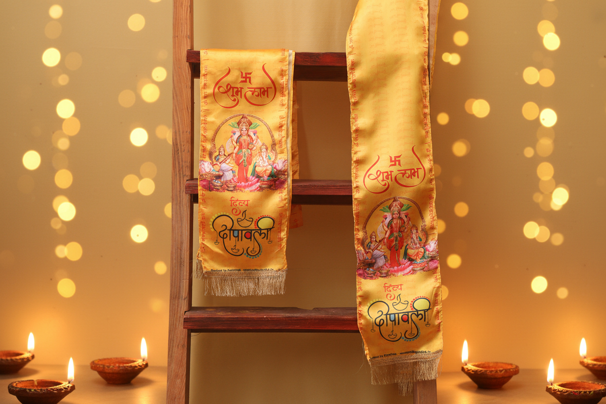 Divya India premium satin silk Diwali stole with Shubh Deepawali Lakshmi Ganesha print in golden yellow — perfect for Diwali puja and festive gifting — Divya India