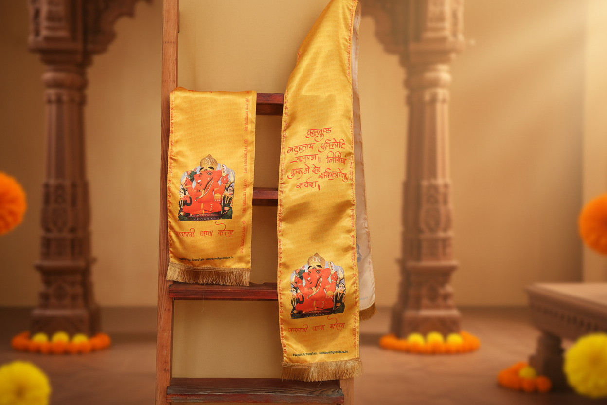 Divya India premium satin silk Ganesh Chaturthi stoles with Ganpati Bappa prints on a rustic wooden ladder — Divya India