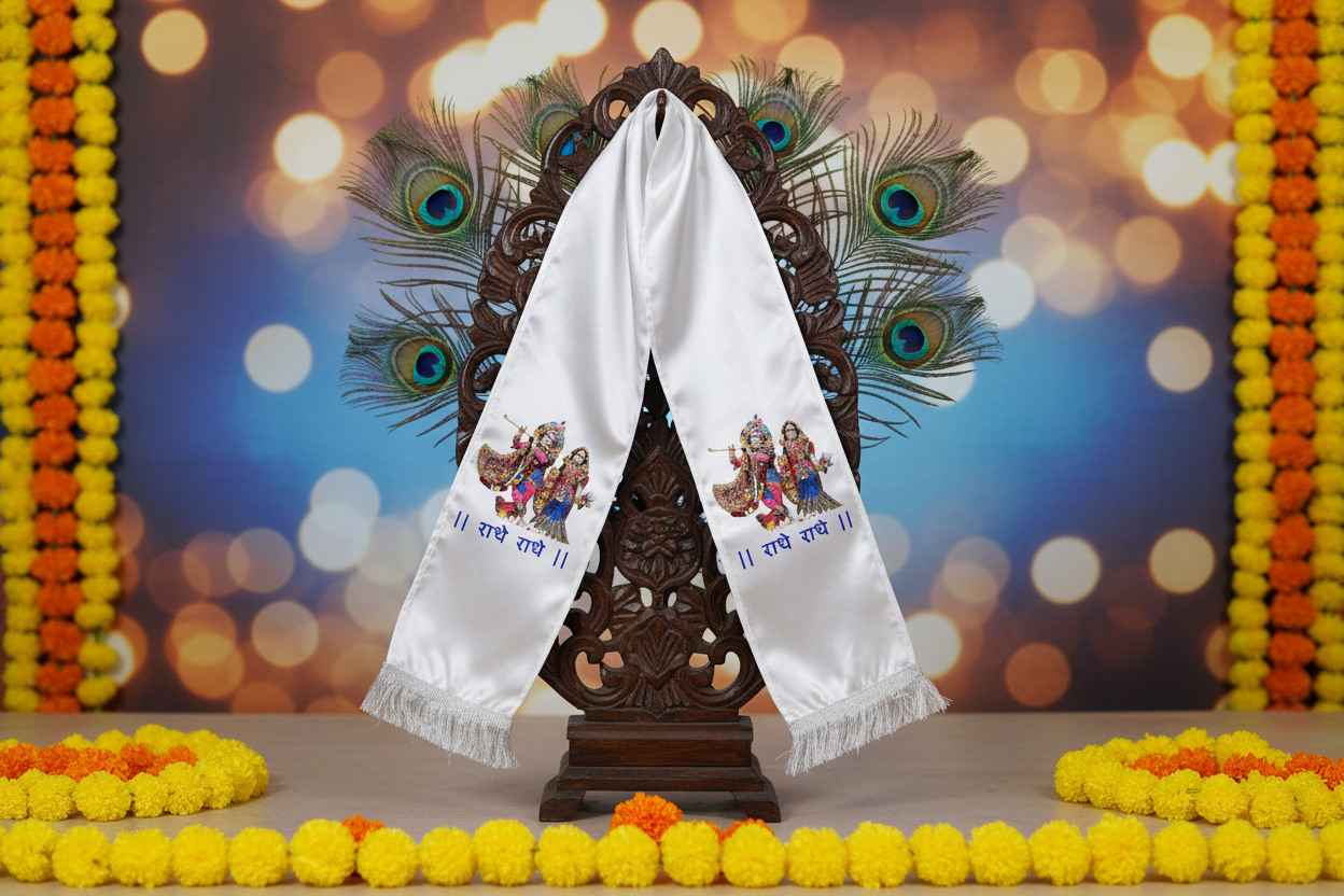 Divya India premium white satin silk Janmasthami stole with Radha Krishna and "राधे राधे" print — Divya India