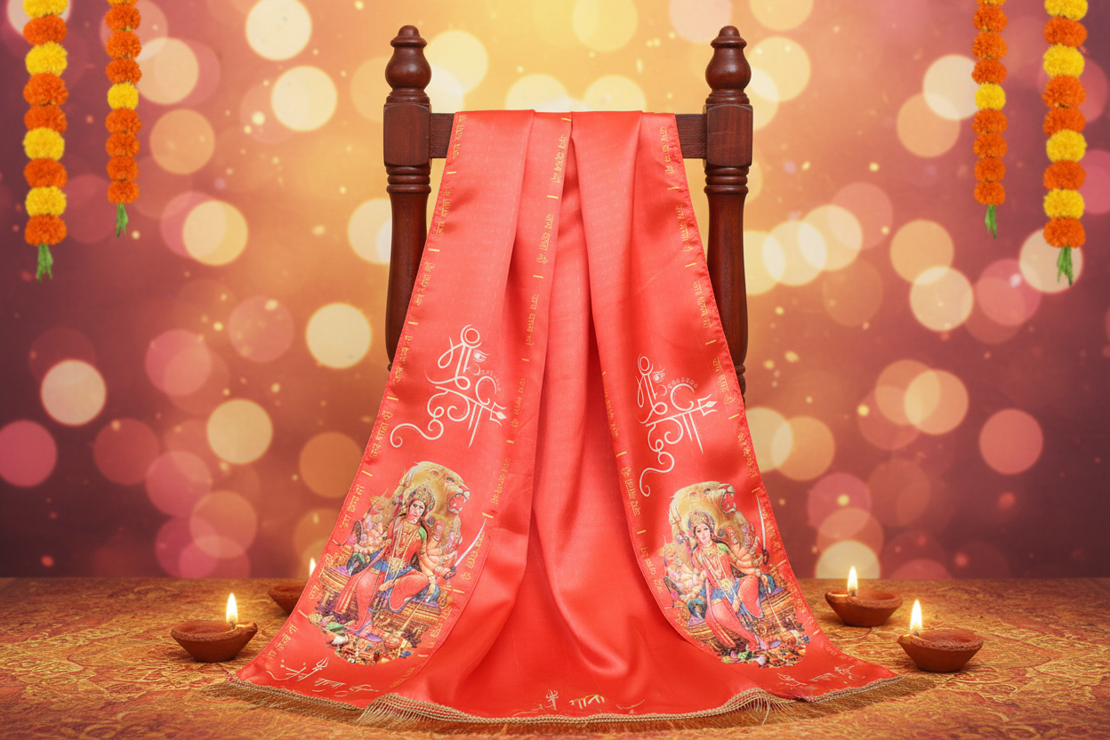 Divya India premium satin silk Navratri stole with Maa Durga print in vibrant festive colours — Divya India