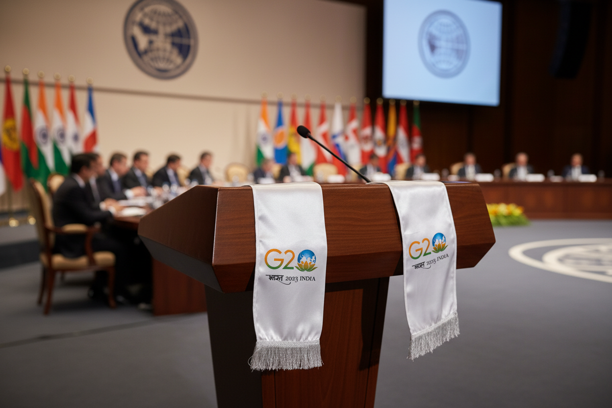 Divya India premium white satin silk occasion stole with official G20 Bharat 2023 India logo — ideal for corporate events, conferences and felicitations — Divya India