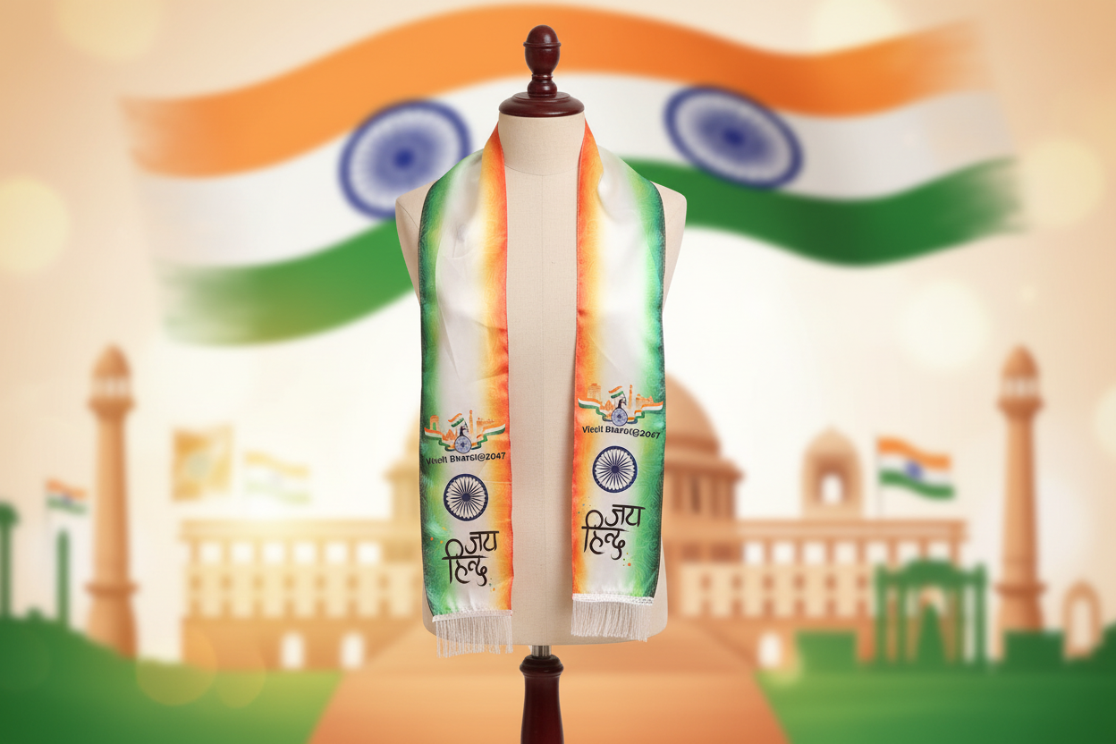 Divya India premium satin silk patriotic stole with Indian tricolour Independence Day print — Divya India