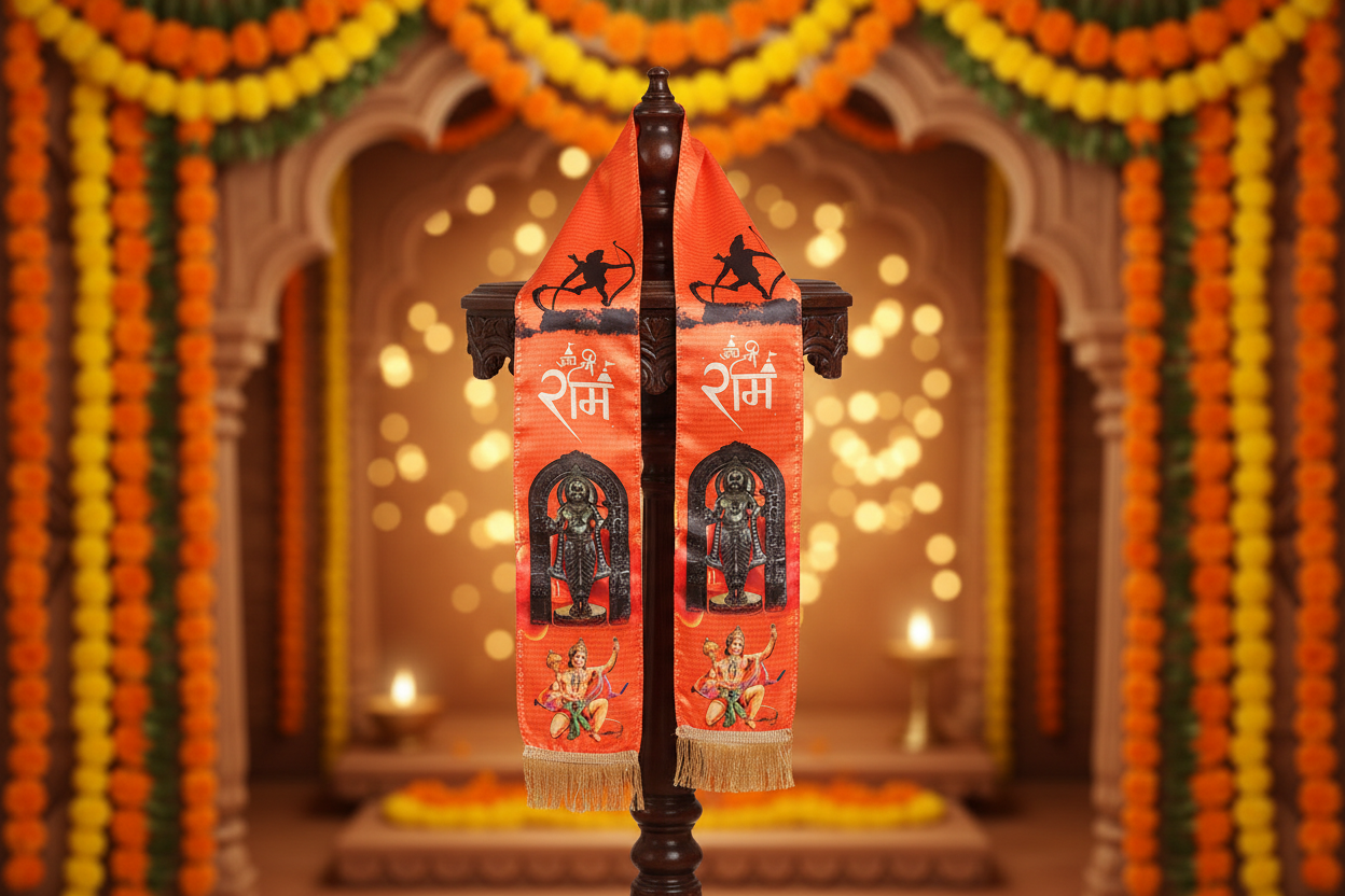Divya India premium satin silk Ramnavmi stole in vibrant orange with Jai Shree Ram, Ram Darbar and Hanuman ji print — Divya India