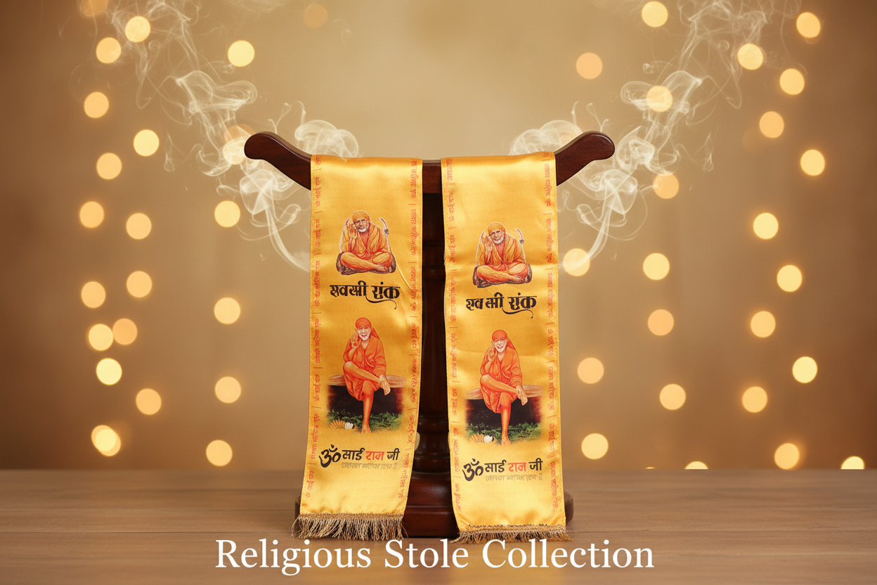 Divya India premium satin silk religious stole with Sai Baba devotional print in warm spiritual setting — Divya India