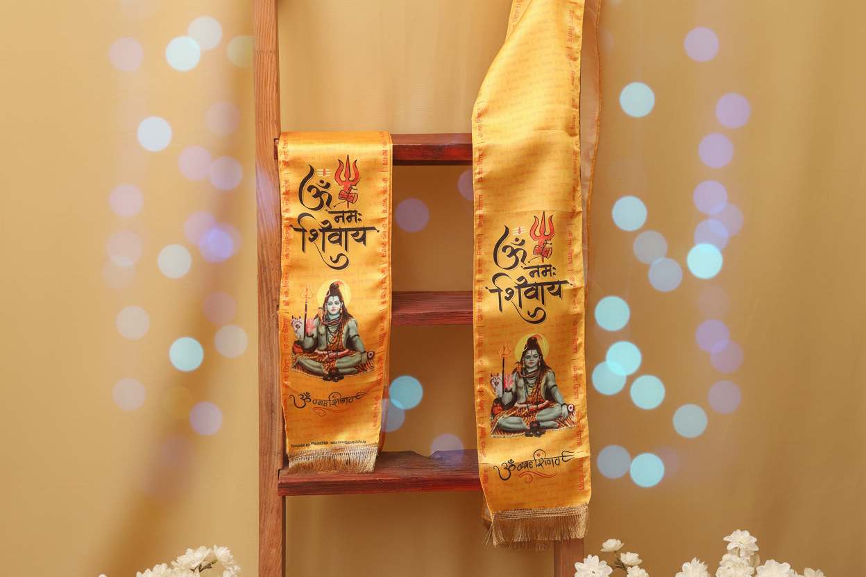 Divya India premium satin silk religious stoles with Hindu deity prints displayed on a rustic wooden ladder — Divya India