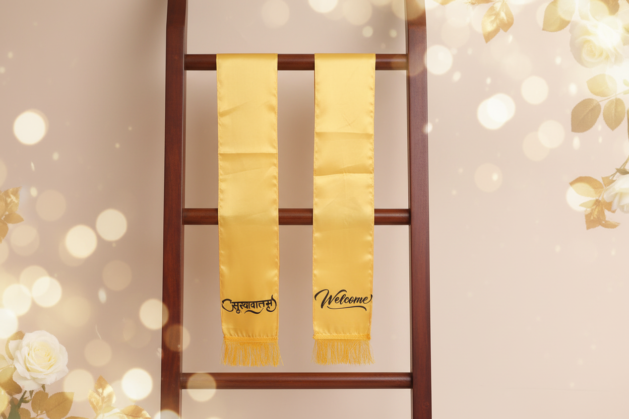 Divya India premium golden yellow satin silk welcome stole with "Welcome" in English and "सुस्वागतम्" in Hindi with golden fringed edges — Divya India