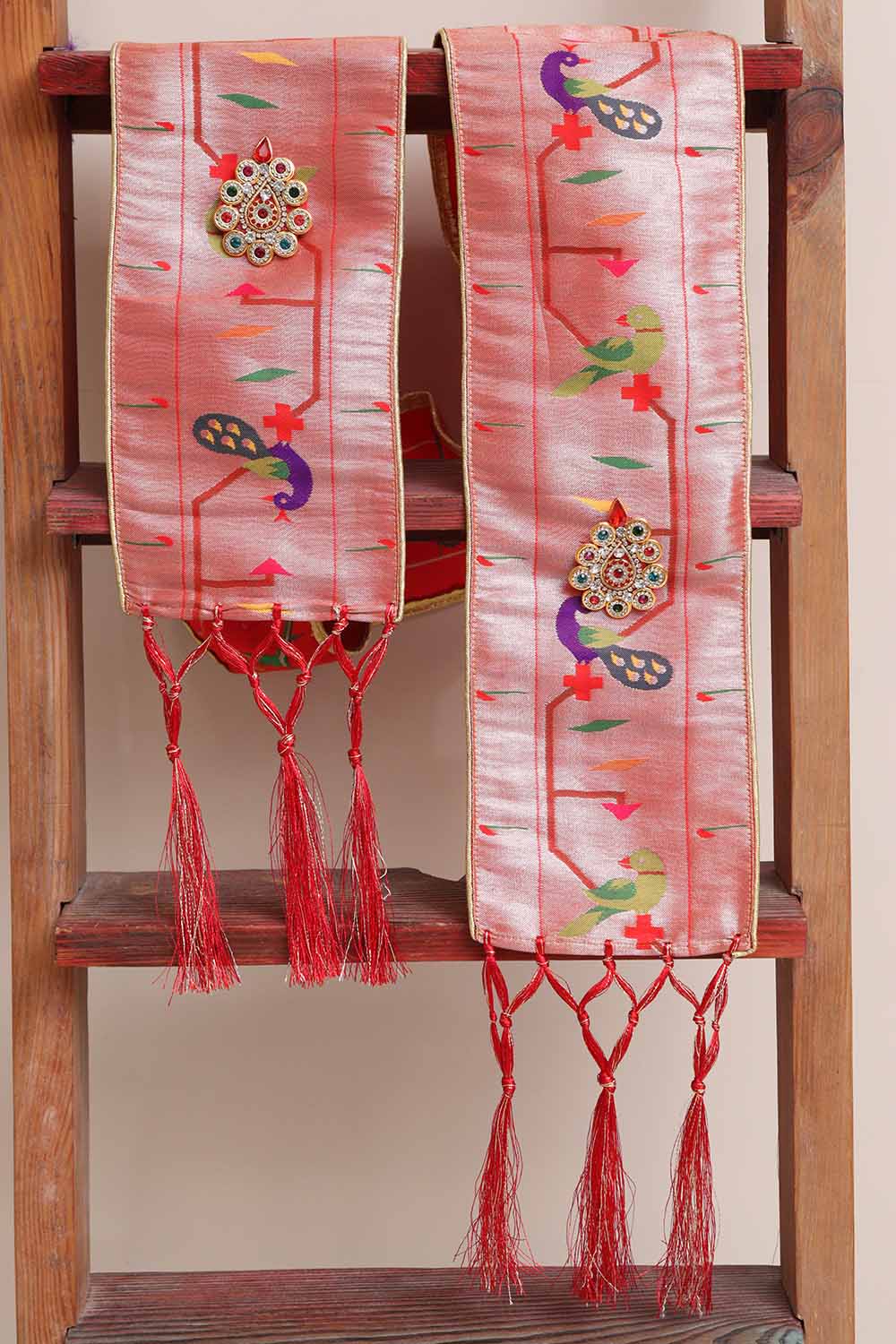 Divya India - Customised Stole - Royal Swagat Red Paithani Silk Peacock Parrot Design