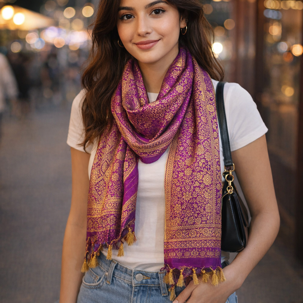 Purple Banarasi Silk Angvastram / Khes – Sacred Stole for Welcoming Guests, Temple Visits & Felicitations