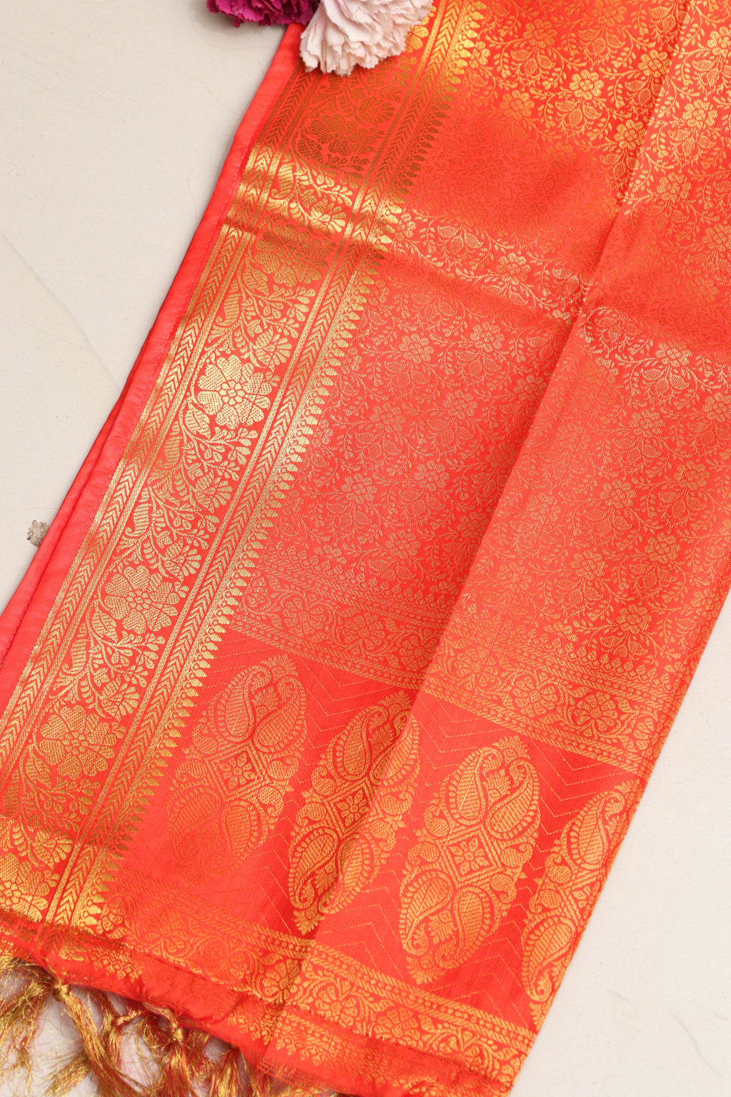 Orange Banarasi Silk Angvastram / Khes – Sacred Stole for Welcoming Guests, Temple Visits & Felicitations