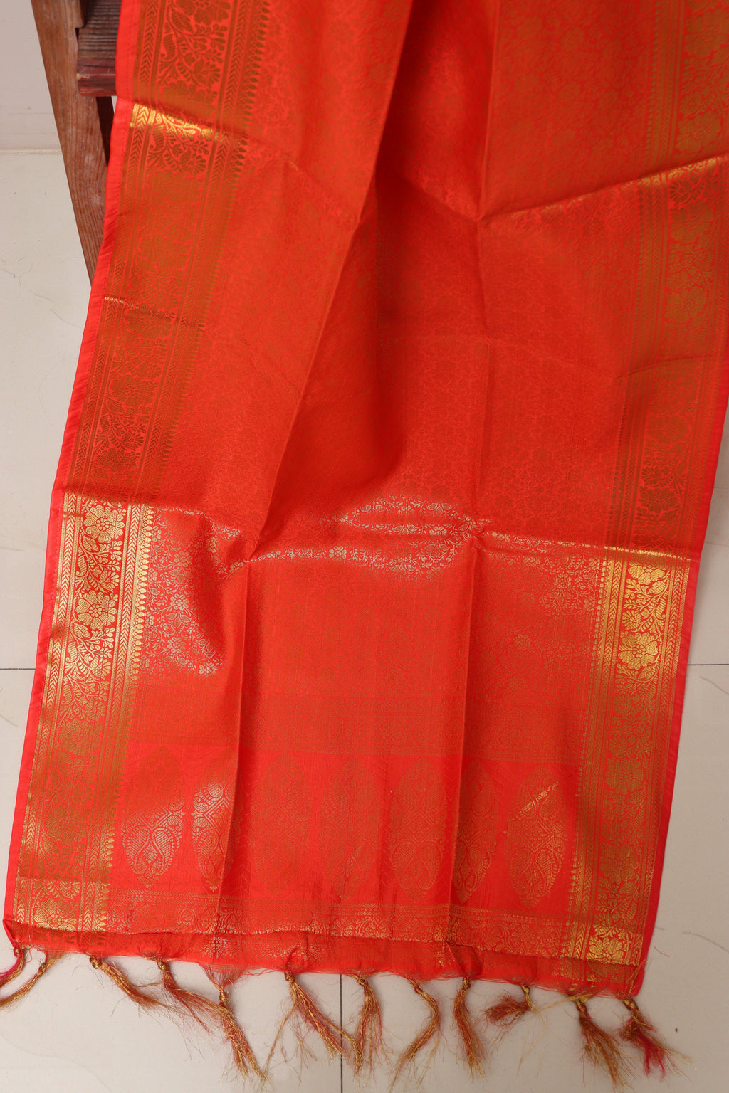 Orange Banarasi Silk Angvastram / Khes – Sacred Stole for Welcoming Guests, Temple Visits & Felicitations