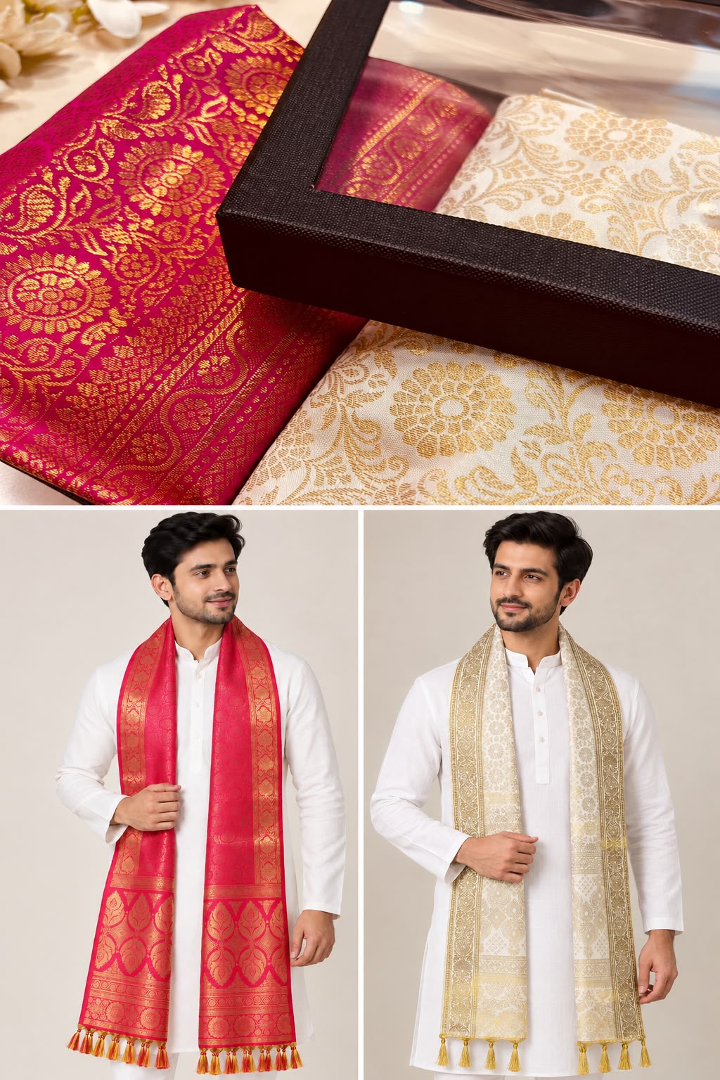 Pink & White Banarasi Silk Fashion Stole — Gift Set of Two