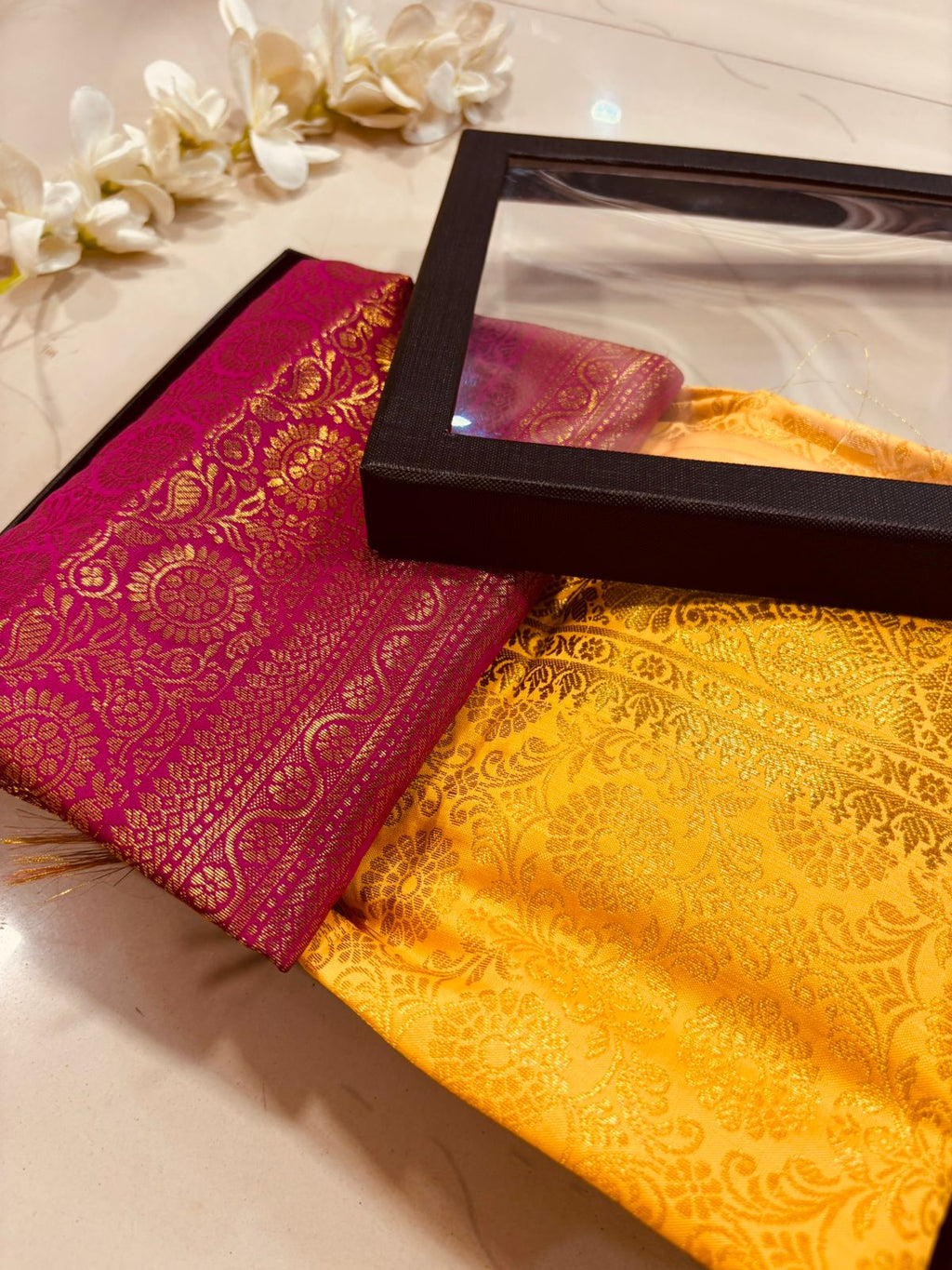 Premium Pink and Yellow Banarasi Silk Fashion Stole Gift Set of Two Stylish Wrap for Festive | College | Casual | Night Parties - Luxurion World