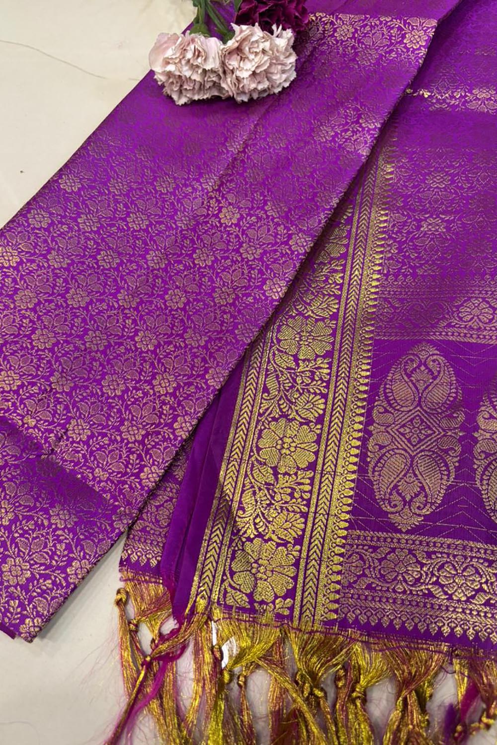 Purple Banarasi Silk Angvastram / Khes – Sacred Stole for Welcoming Guests, Temple Visits & Felicitations