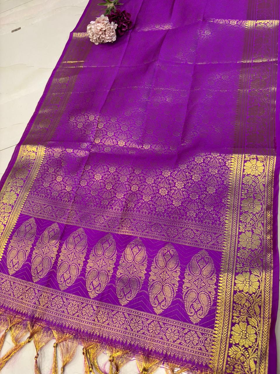 Purple Banarasi Silk Angvastram / Khes – Sacred Stole for Welcoming Guests, Temple Visits & Felicitations