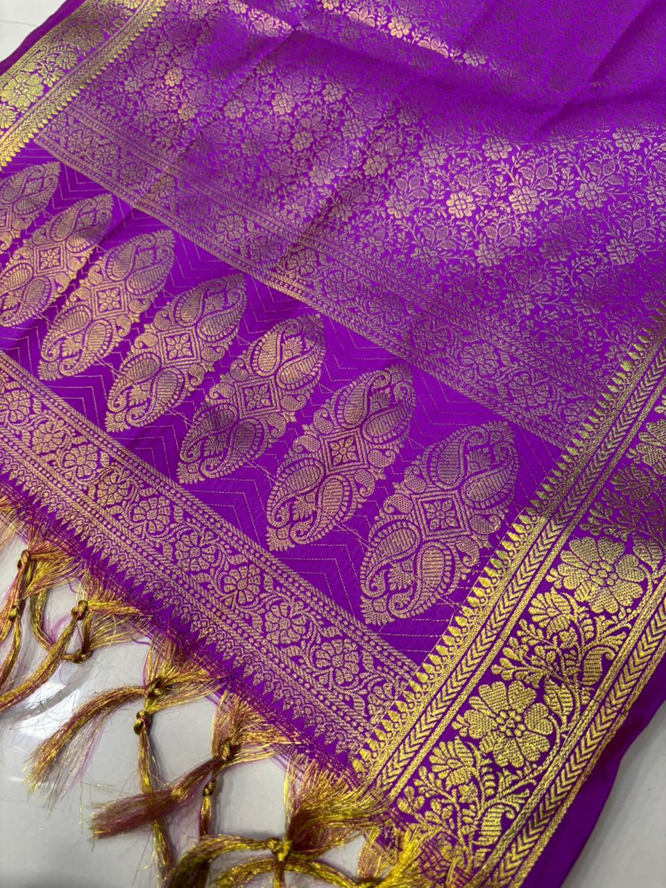 Purple Banarasi Silk Angvastram / Khes – Sacred Stole for Welcoming Guests, Temple Visits & Felicitations