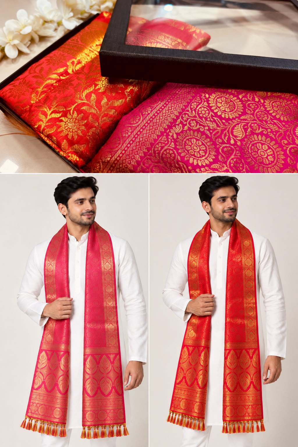 Red & Pink Banarasi Silk Fashion Stole — Gift Set of Two