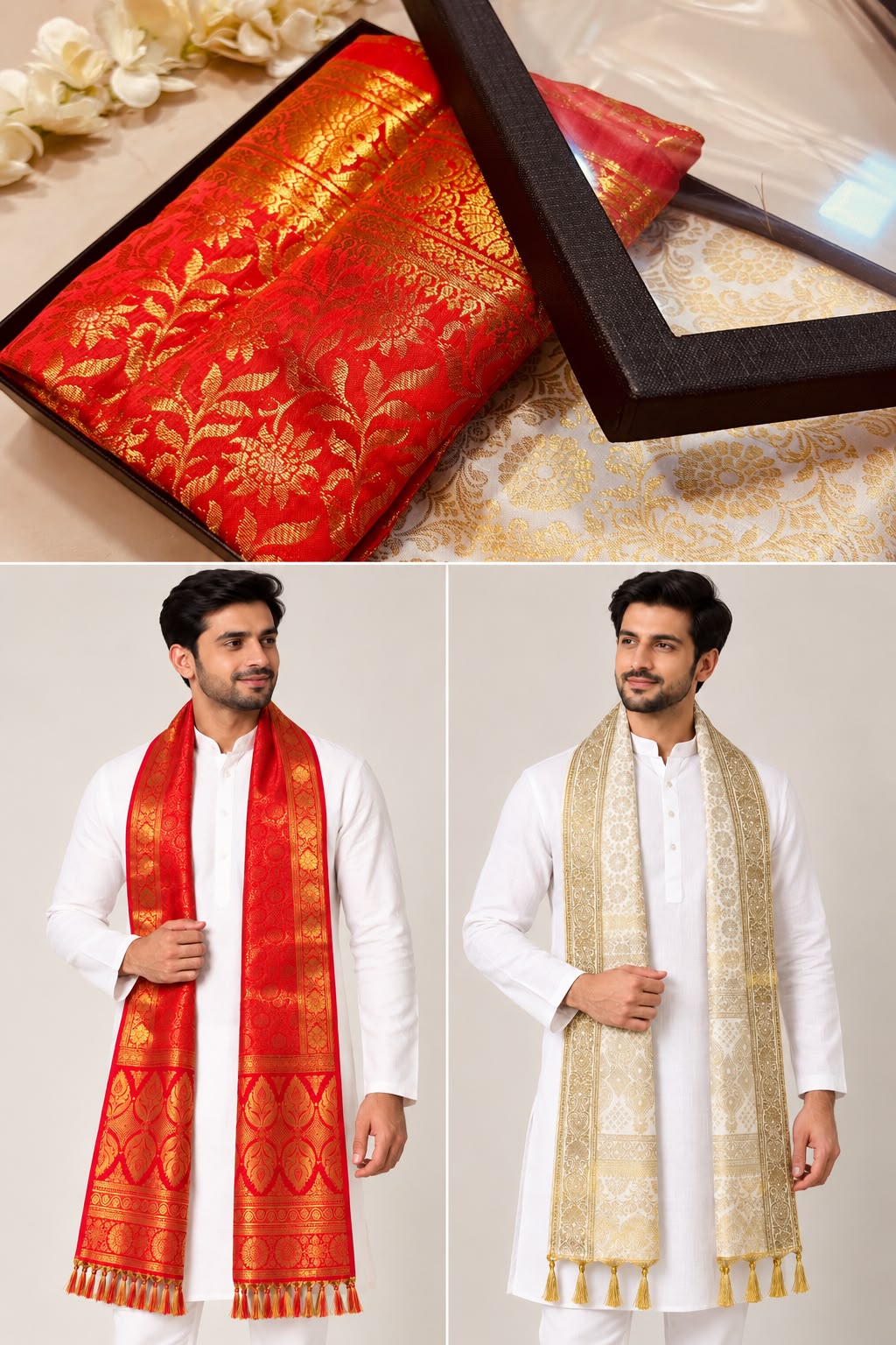 Red & White Banarasi Silk Fashion Stole — Gift Set of Two