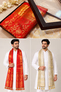 Red & White Banarasi Silk Fashion Stole — Gift Set of Two