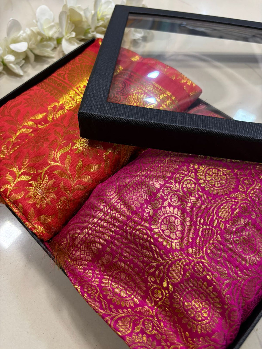 Premium Red and Pink Banarasi Silk Fashion Stole Gift Set of Two Stylish Wrap for Festive | College | Casual | Night Parties - Luxurion World
