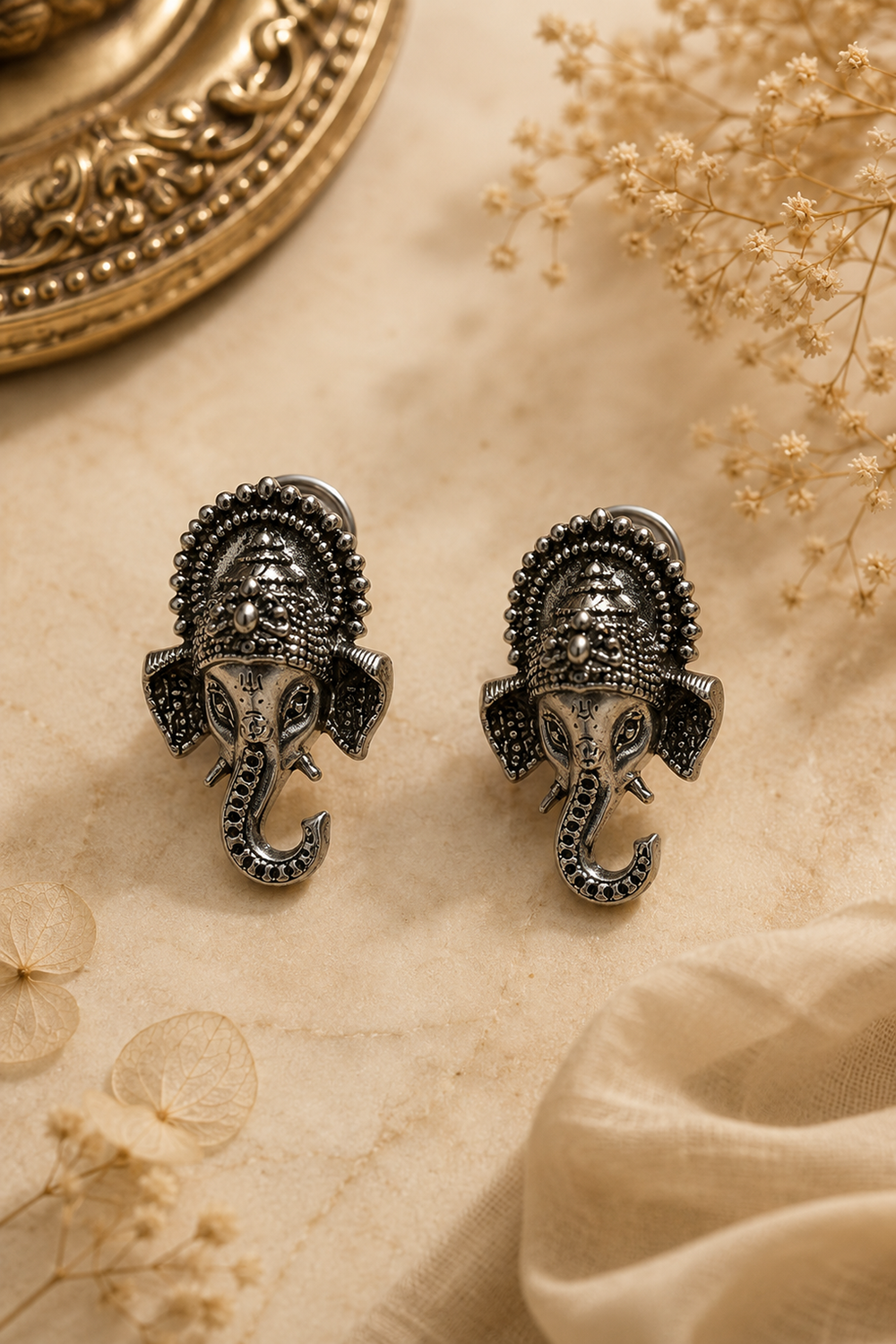 Oxidised Lord Ganesha Divine Temple Stud Earrings