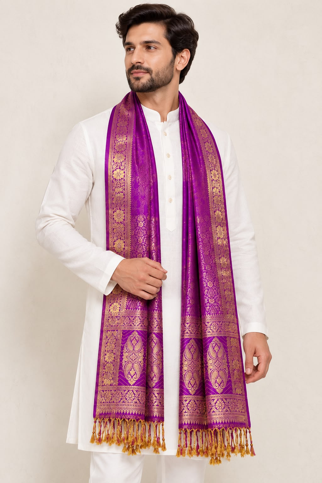 Purple Banarasi Silk Angvastram / Khes – Sacred Stole for Welcoming Guests, Temple Visits & Felicitations