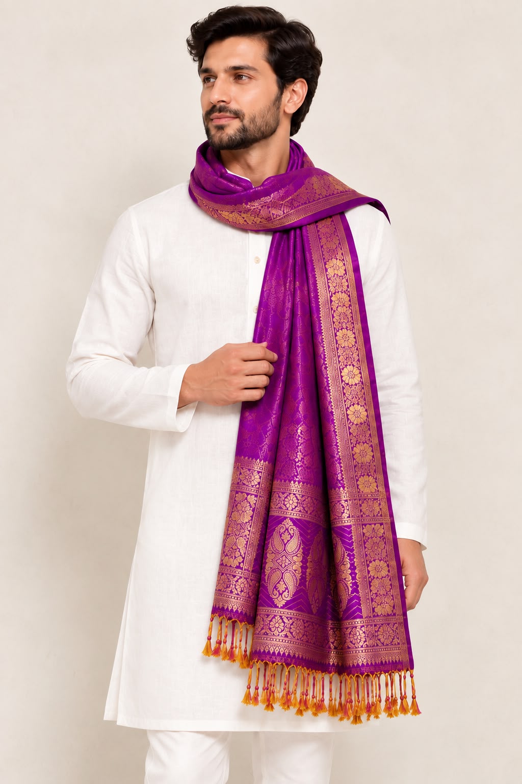 Purple Banarasi Silk Angvastram / Khes – Sacred Stole for Welcoming Guests, Temple Visits & Felicitations