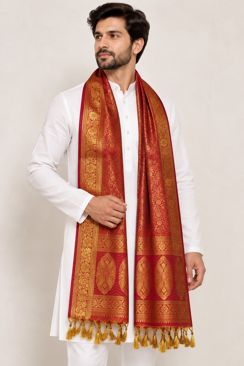 Red Banarasi Silk Angvastram / Khes – Sacred Stole for Welcoming Guests, Temple Visits & Felicitations